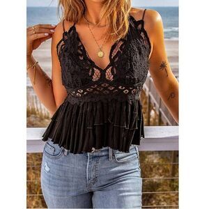 Free people womens Sz M black lace peplum top blouse new